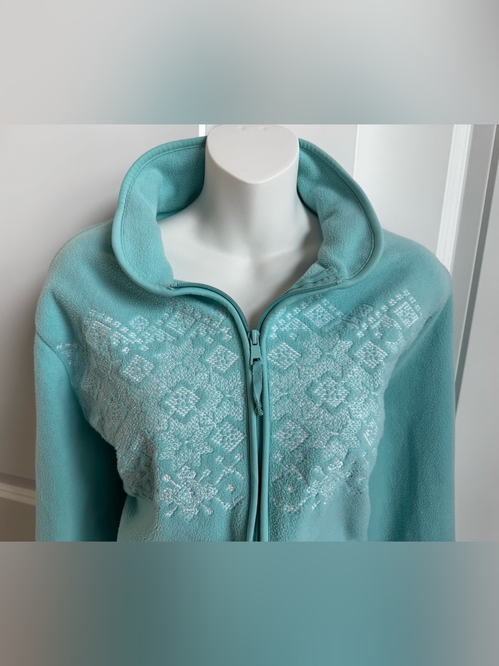 croft & barrow Aqua Fleece Zip Jacket with White Snowflake Embroidery - Picture 3 of 8